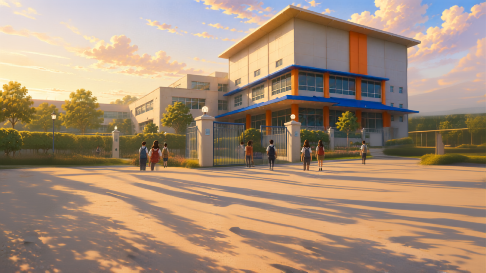 Students walking toward the TCA campus at dusk