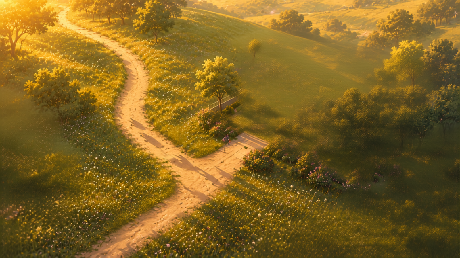 Aerial view of the winding path and grounds leading to the school